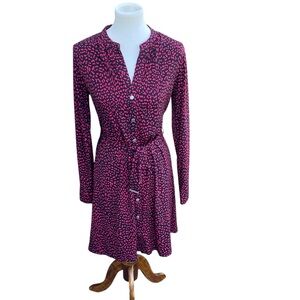 Michael Kors Raspberry Red Cheetah Print Shirt Dress Belted V Neck- Stylish Sz S